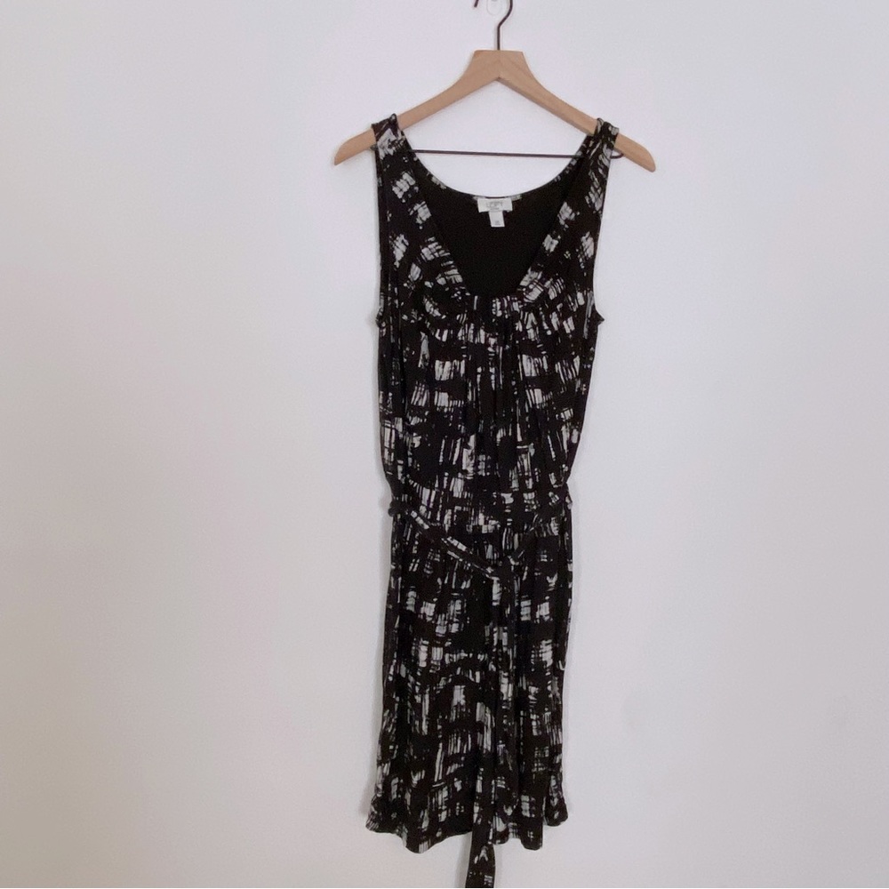 Loft Black Abstract Blouson Belted Sleeveless Summer Dress Size 12 Petite